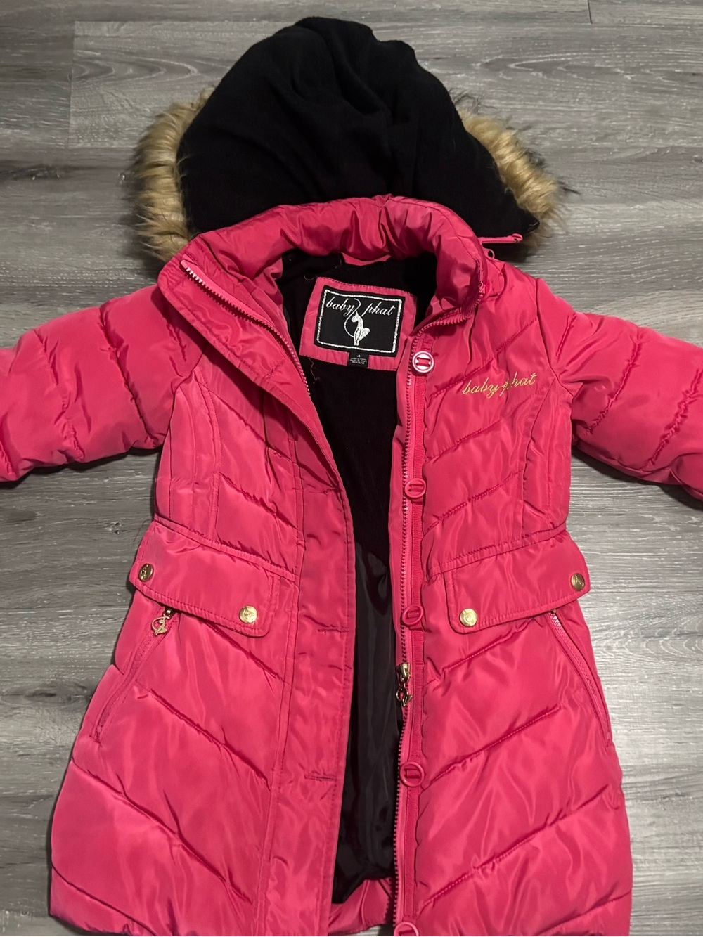 Baby Phat Bright Pink Quilted Puffer Coat with Faux-Fur Hood